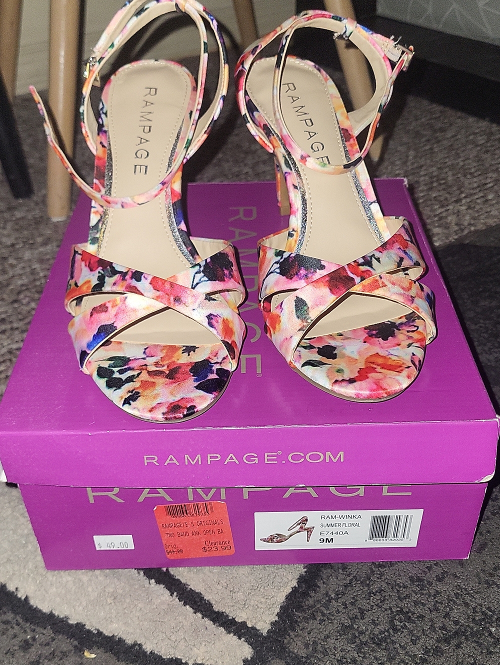 Rampage Floral Ankle-Strap Heels - Pink, Orange & Black Multi